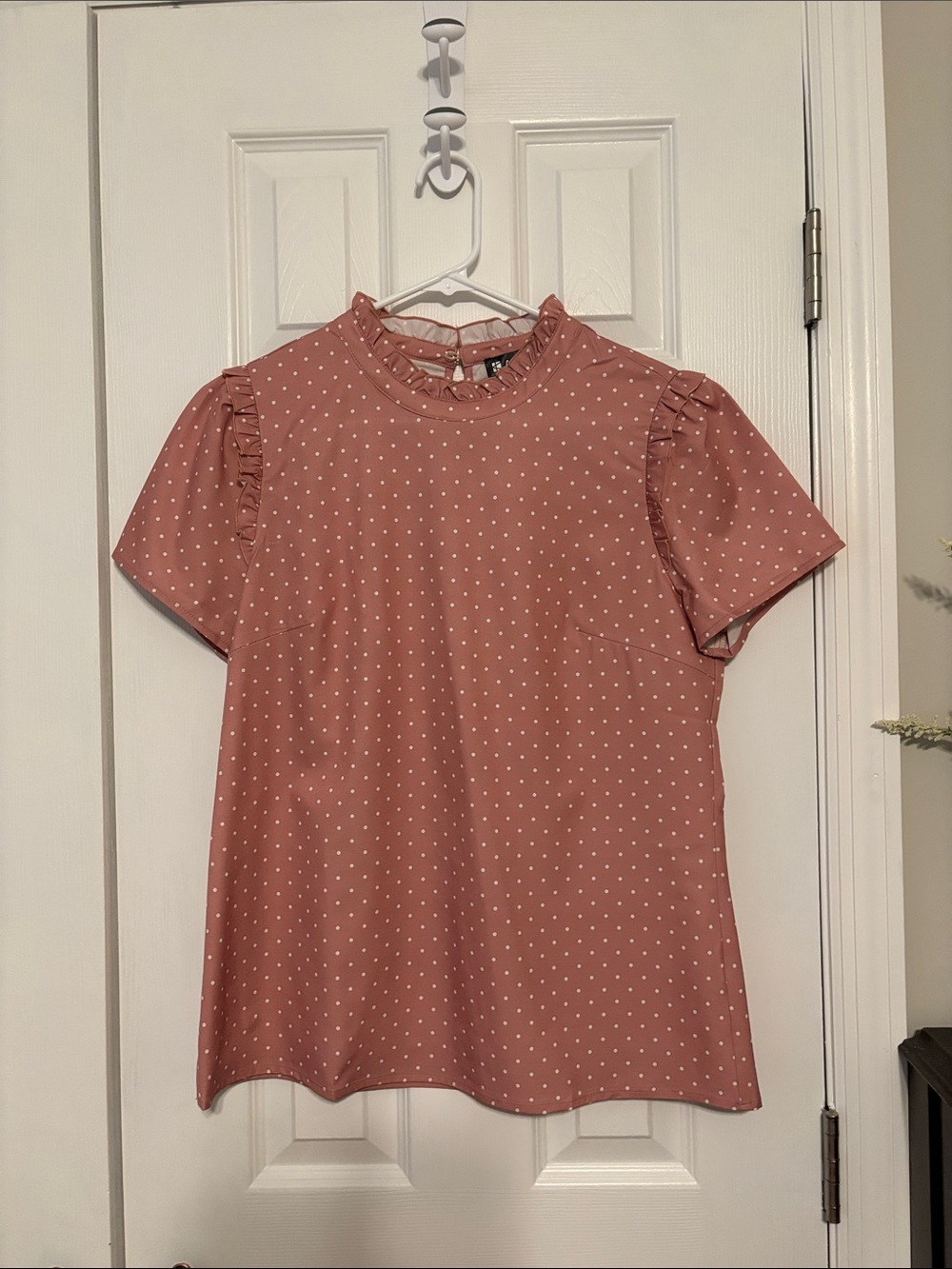 Allegra K Dusty Rose Polka Dot Ruffle Mock Neck Blouse